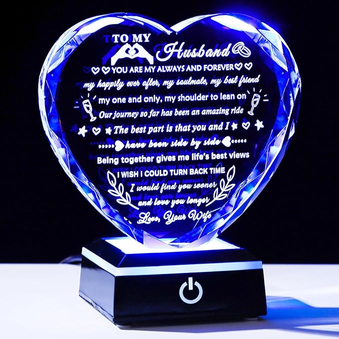 YWHL Gifts for Husband from Wife with Colorful LED Base Anniversary Birthday Gifts for Husband to My Husband Crystal Heart keepsake I Love You Gifts for Him on Valentine Christmas Fathers Day
