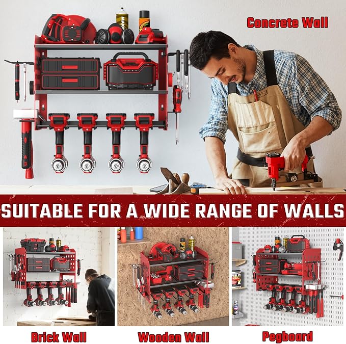 SUNALLY Power Tool Organizer, Heavy Duty Wall Mount Tool Organizer 3 Layers with 4 Drill Holders, Garage Tools Storage Rack with 2 Side Pegboards and Hooks for Workshop, Shed, Red