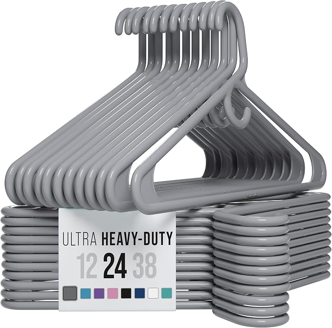 NEATERIZE Thick Heavy Duty Hangers - Grey Plastic Clothes Hangers 24 Pack - Great for Coat Hanger, Jackets Jeans & Suit Hanger for Closet - New Apartment Essentials Percheros Ganchos para Colgar Ropa