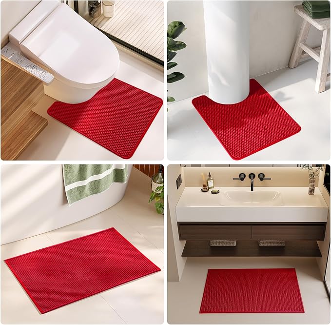TYUU Christmas Bathroom Rugs Non Slip Washable, Super Absorbent Thin Bath Mat Quick Dry Low Pile Bathroom Rug, Red 24"x36"