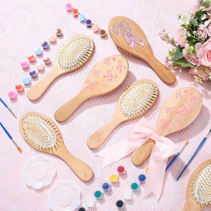 Meanplan 6 Set DIY Wooden Hairbrush Painting Kits Make Your Own Hair Brush Hand-Painted Hairbrush Night Party Supplies with Paint Brush and Palette for DIY Gift Party Crafts (Oval)