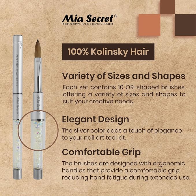 Mia Secret PREMIER NAIL BRUSHES 100% Kolinsky Hair MADE IN USA Prenium Nail Art Brushes (Silver, 10 OR)