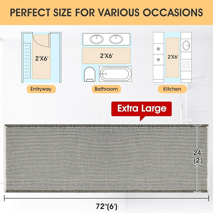 Extra Large Waffle Bath Mat Green & Cream 6'x2'(72" x 24"), Boho Woven Modern Bath Mat Rugs, Absorbent Non Slip Bathroom Rugs, Soft Washable Bath Rugs with Tassels for Bedroom, Kitchen, Shower, Tub