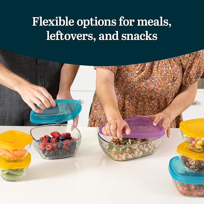 Libbey Serve It Glass Storage Bowls Set of 14 Stackable 2,6,8 Cup Food Storage Containers with Sung Fit Lids, Glass Bowls Set for Snacks, Leftover or Meal Prep