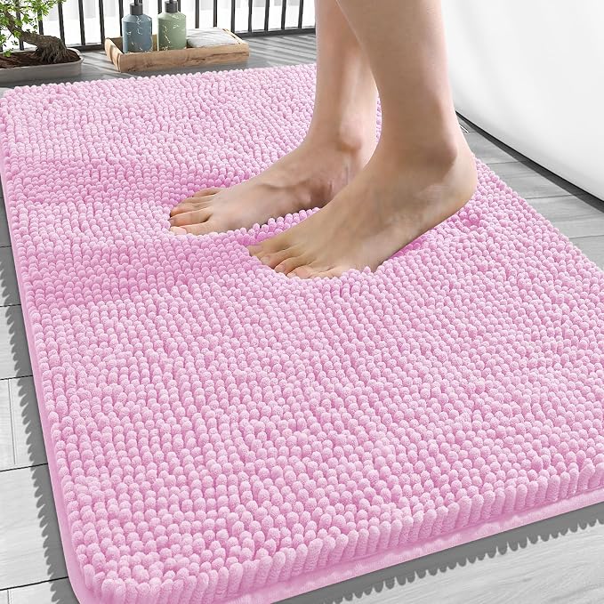OLANLY Bathroom Rugs 34x21, Extra Soft Absorbent Chenille Bath Rugs, Rubber Backing Quick Dry, Machine Washable Bath Mats for Bathroom Floor, Tub and Shower, Home Decor Accessories, Pink