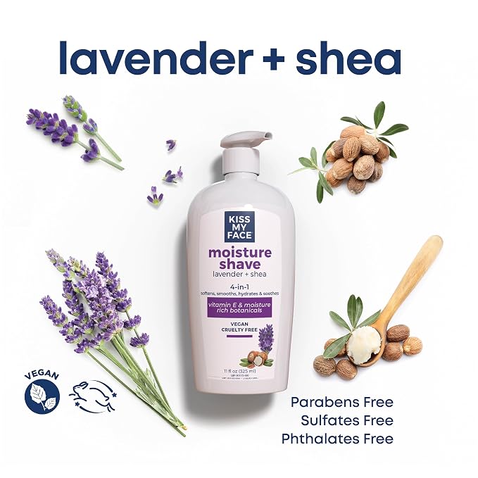 Kiss My Face Moisture Shave Cream, Lavender and Shea Shaving Cream for Men and Women, 11 oz Pump Bottle (Lavender and Shea, Pack of 4)