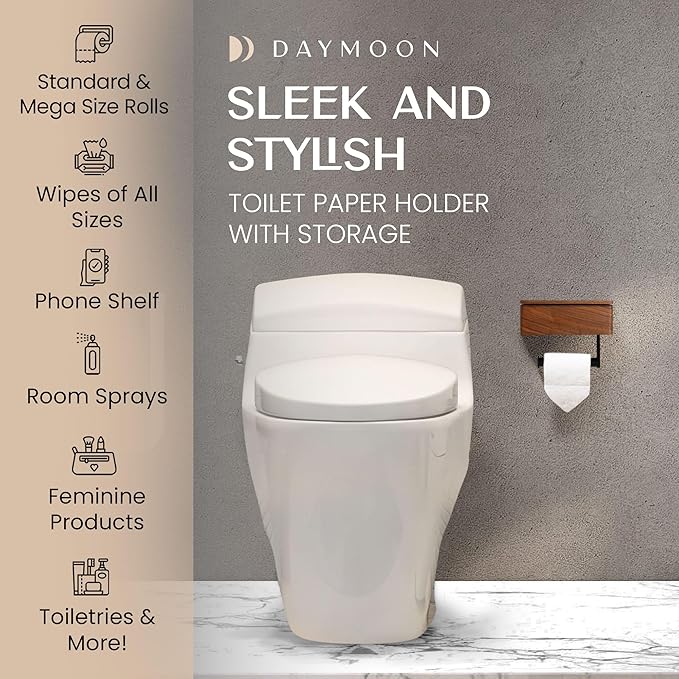 Day Moon™ - Toilet Paper Holder with Shelf - Modern Roll Holder for Bathroom - 1 Pack - Wall Mount - with Storage, Wood