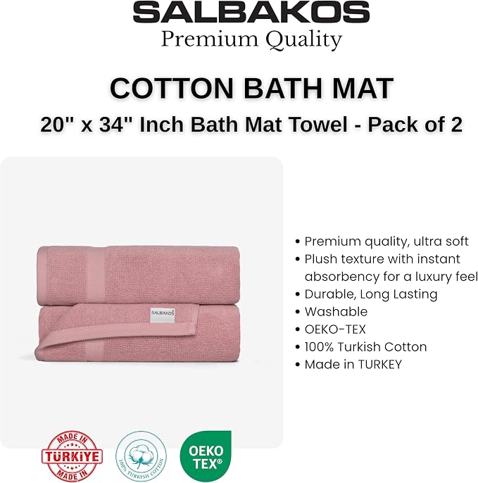 SALBAKOS 2-Piece 100% Turkish Cotton Bath Mat Towel, 20x34 inch, Rose | Bathroom Floor Towels, Thick Soft Most Absorbent Quick-Dry Durable Large Size Foot Rug, Premium Hotel Quality Made in Turkey