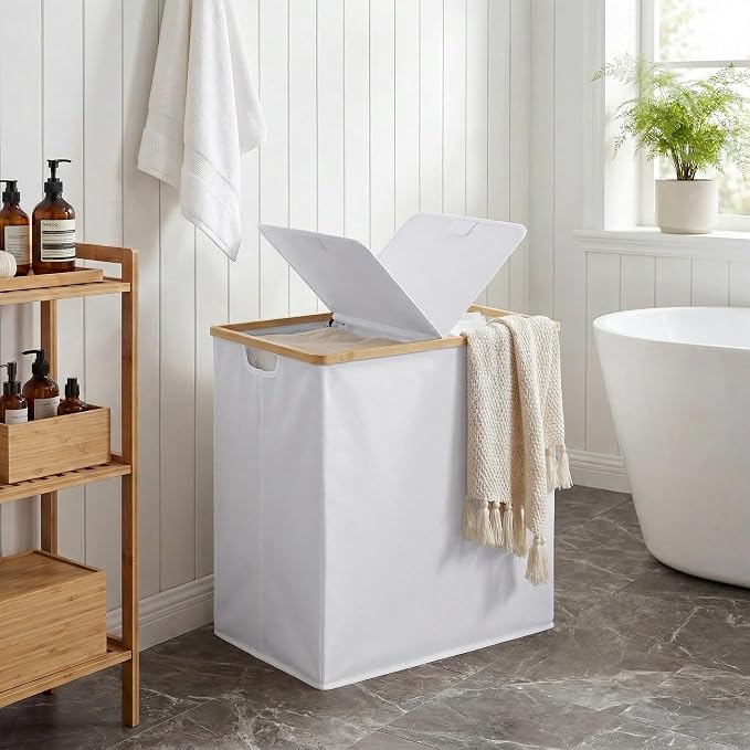 efluky Laundry Hamper with Lid, Double Laundry Basket with 2 Removable Bags, 2 Section Laundry Bin with Bamboo Handles for Bathroom, Bedroom & Laundry Room, 140L (36.9 Gallon) White