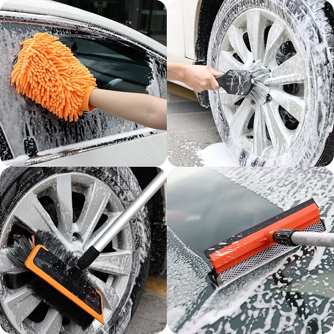 Wontolf 62'' Car Wash Brush with Long Handle, Scratch-Free Soft Bristles Sturdy Car Wash Mop, Complete Cleaning Brush Kit Wash Mitt Towel Windshield Squeegee Wheel Tire Brush for Car Truck RV Orange