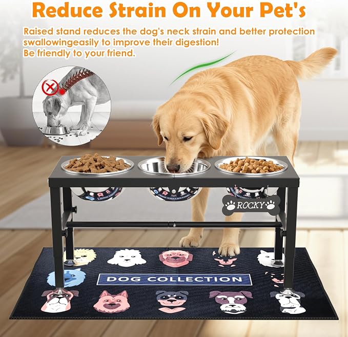 3-in-1 Elevated Dog Feeder with 3 Stainless Steel Bowls, Heavy Iron Stand, Custom Name Plate, Non-Slip Mat - Easy Clean for Multiple Dogs