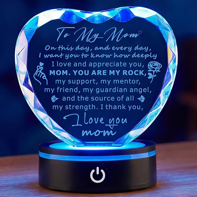 Gifts for Mom,Heart Crystal Keepsake Plaque with LED Base, Mother's Day, Birthday, Christmas, Thanksgiving, Engraved Mother Quote