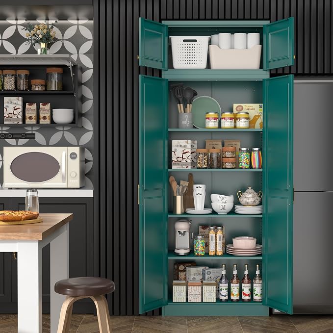Steeloong 86"Metal Pantry Storage Cabinet with Doors & 4 Adjustable Shelves | Kitchen Pantry Cabinet,Green Kitchen Cabinet with 4 Gold Handles,Tall Cabinet for Livingroom,Pantry, Bathroom,Kitchen,Garage