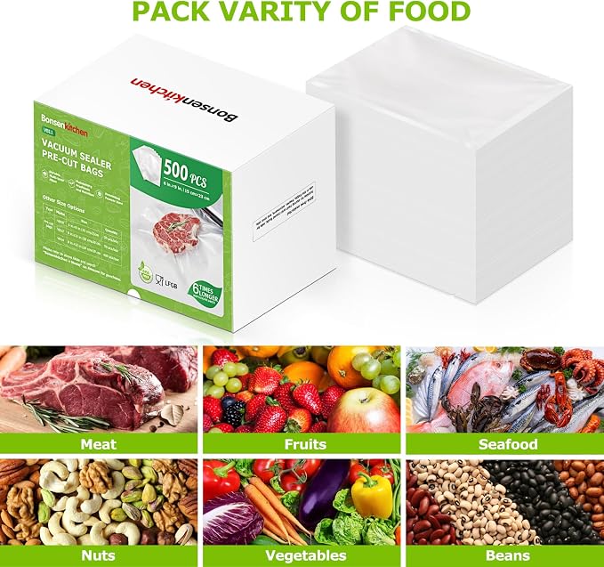 Bonsenkitchen Precut Vacuum Sealer Bags, 500 Pint 6" x 9" Food Sealer Bags | Commercial Grade, Heavy Duty, Customized Size Vacuum Bags for Vac Storage, Meal Prep or Sous Vide Cooking