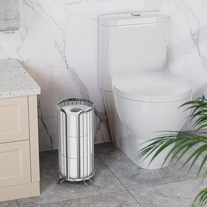 Toilet Paper Holder Stand, Freestanding Toilet Paper Storage,Silver | Waterproof Raised Feet,Rustproof,Fit 3 Mega Rolls,No Drilling No Assemble,Minimalistic Storage,Space-saving Renter Friendly