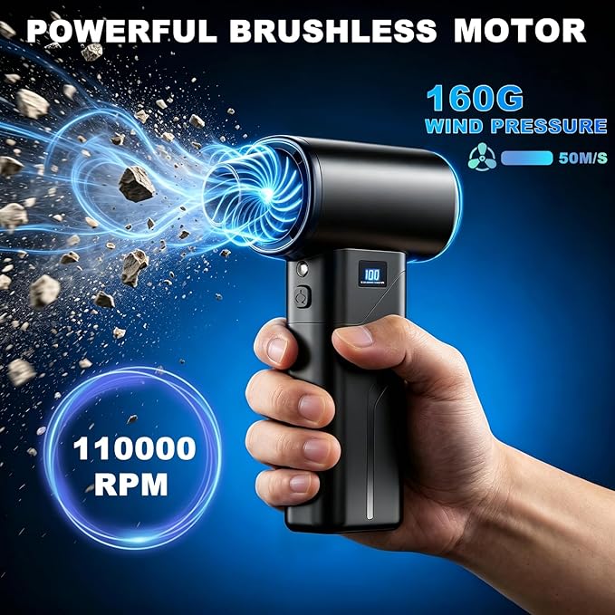 2-in-1 Vacuum and Blower, 110,000 RPM Compressed Air Duster, 160g Powerful Jet Dry Blower, Smart LED Display & Magnetic Nozzles, Cordless Air Duster for PC Cleaning Kit, Keyboard, Car Detailing