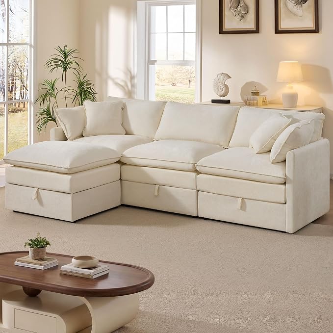 Ihanherry 103" Modular Sectional Sofa with Storage, L Shaped Cloud Couch with Movable Ottomans & 4 Pillows, Chenille Deep Seat Sectional Couches for Living Room, Apartment (Beige)