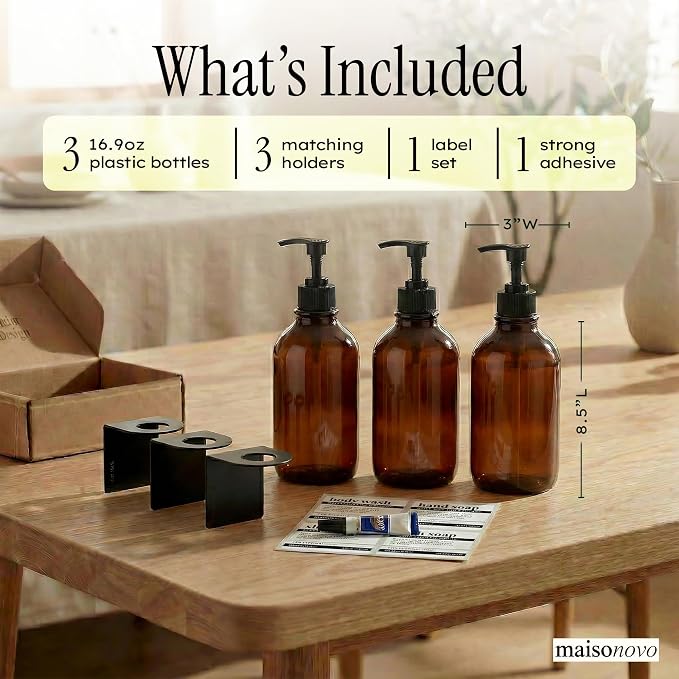 Shampoo and Conditioner Dispenser Wall Mounted Set of 3 Amber Black - No Drill Shower Soap Dispenser for Bathroom Refillable - Spa Hotel Style Accessories by MaisoNovo