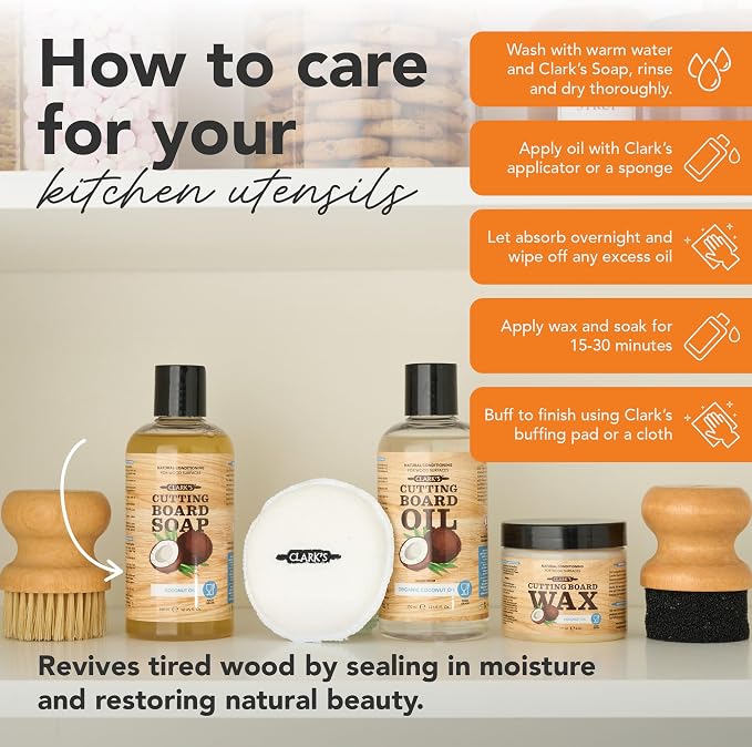 CLARK'S Food Grade Cutting Board Full Care Kit, Coconut Scent - 6 Pack | Includes Cutting Board Oil & Wax, both made of Organic Coconut Oil, Cleaner, Applicators, Buffing Pads - Protects & Restores