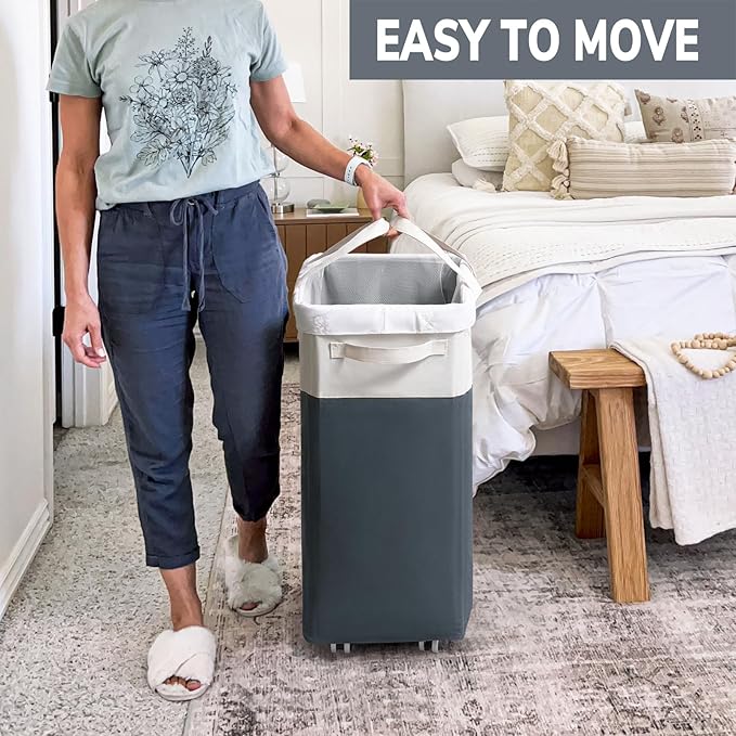 Goodpick Laundry Baskets 2-Pack, 75L Hamper with Wheels, Foldable Laundry Baskets with Removable Wash Bags, Rolling Laundry Hamper for Corner Dorm, Slim Laundry Basket, Grey&White