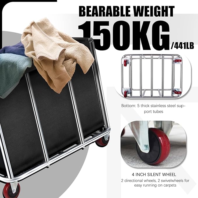 Commercial Laundry Cart with Wheels, 400L Large Rolling Laundry Cart with Steel Frame and Oxford Cloth, Heavy Duty Industrial Laundry Cart for Home,Hotel,Laundry Room, 441 lbs Load (Black-10)