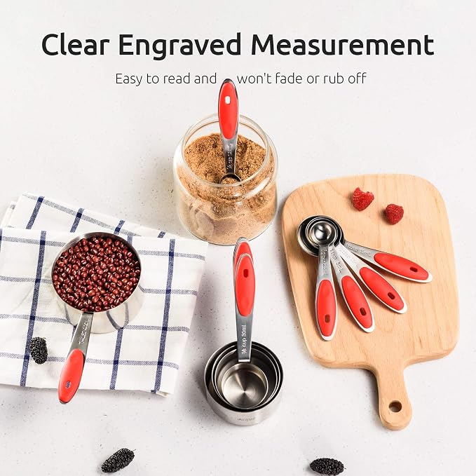 U-Taste 10 Piece Measuring Cups and Spoons Set in 18/8 Stainless Steel, and 18/8 Stainless Steel 3.9 inch 30 Mesh Strainer (Red)