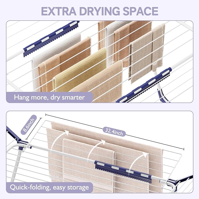 APEXCHASER Clothes Drying Rack Foldable - Drying Rack Clothing Large Space, Winged Laundry Rack with Sock Clips for Hanging Towels Clothes Dress Bedding Indoor Outdoor, White