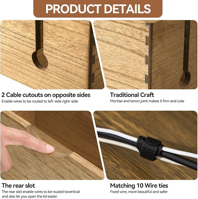 KIRIGEN Wooden Cable Management Box Set of 2, Cord Organizer, Brown | Large and Small Solid Wood Boxes with Removable Lids for Power Strips, Chargers, Routers, and Desks Home Office