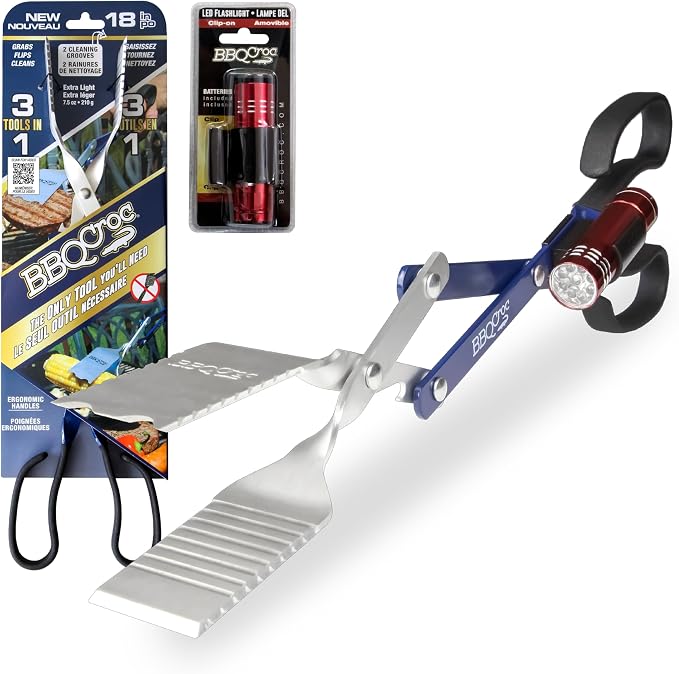 BBQ Croc 3 in 1 Barbecue Tool 18-inch - Extra Light and Long Tongs, Spatula and Grill Scraper (Blue) (18 inch with Flashlight)