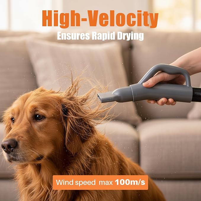 NEWBULIG Dog Hair Dryer, 1550W High Velocity Pet Blow Dryer with Heater for Grooming, Speed Temperature Adjustable Dog Blower Grooming with 4 Nozzles, Grey