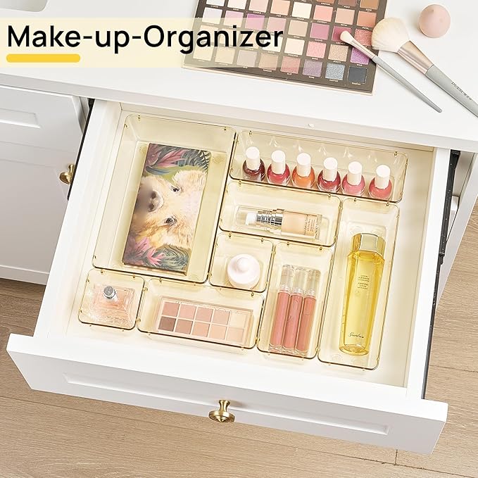 Vtopmart 25 PCS Clear Plastic Drawer Organizers Set, 4-Size Versatile Bathroom and Vanity Drawer Organizer Trays, Storage Bins for Makeup, Bedroom, Kitchen Gadgets Utensils and Office