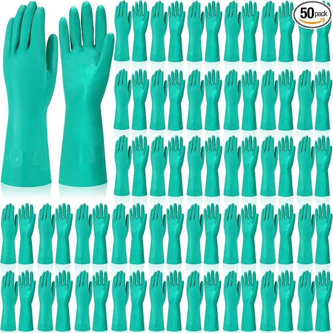 Potchen 50 Pairs Chemical Resistant Gloves Heavy Duty 15 Mil Nitrile Gloves Bulk for Cleaning, Resist Household Acid, Alkali and Oil (Large)