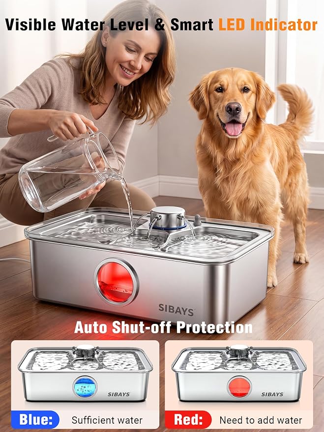 SIBAYS 4.5Gal/17L Dog Water Fountain, Large Capacity Stainless Steel Pet Water Fountain with Water Level LED Light, Ultra Quiet Dog Water Bowl Dispenser for Large Dogs & Multi-Pet, Easy to Clean FS83