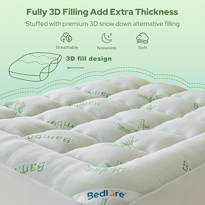 BEDLORE Queen Mattress Topper Viscose Derived from Bamboo, Thick Pillow Top Mattress Pad with Stretchable Pockets for 6-18 inches Mattress, Soft Mattress Topper for Back Pain Relief