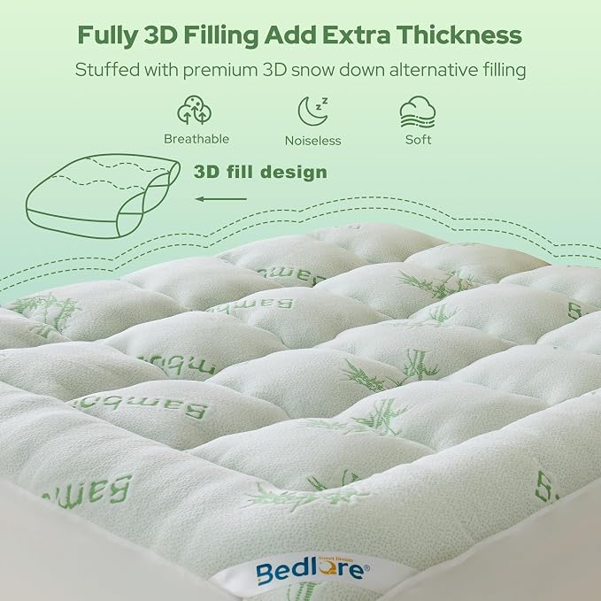 BEDLORE Full Size Mattress Topper Viscose Derived from Bamboo, Thick Pillow Top Mattress Pad with Stretchable Pockets for 6"-15" Mattress, Breathable Mattress Topper for Back Pain Relief