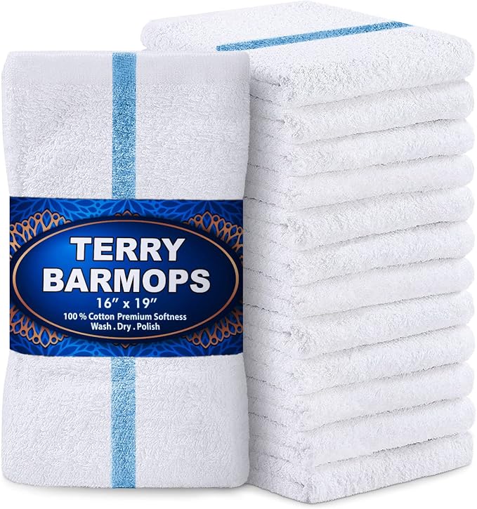 GREEN LIFESTYLE Terry Bar Mops 16" x 19" 12 Pack - 28 oz Cotton Bar Towels, Absorbent Kitchen Towels, Cleaning Rags for Restaurant, Food Service, Bar and Home Use (White with Blue Stripe)