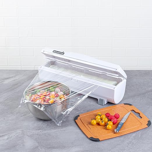 Restaurantware-Chef 101 Food Wrap Dispenser with Cutter, 1 Refillable Cling Wrap Dispenser - Fits 12” to 18” x 2000’ Rolls, Press Down and Cut, White Plastic Aluminum Foil, Sharp Blade