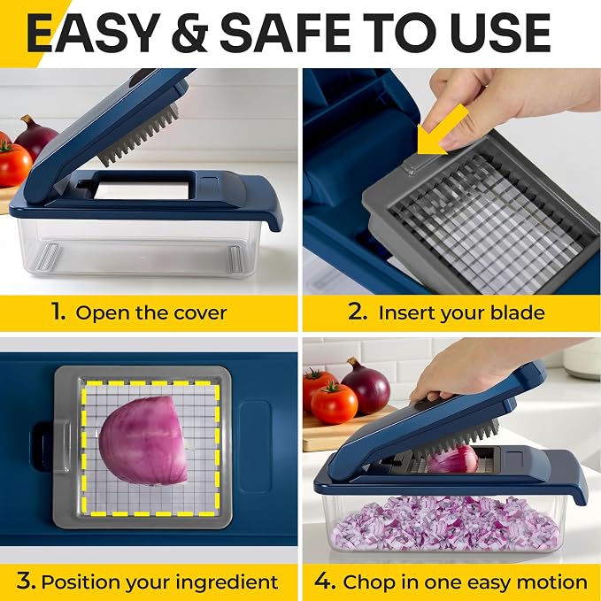 UltraChop All-In-1, 12 Blade Heavy Duty Vegetable Chopper, Food Chopper Container, Spiralizer, Mandoline Slicer Onion Mincer, French Fry And Salad Cutter, Home Essentials & Kitchen Gadgets, Blue