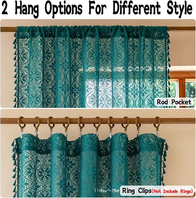 Sutuo Home Teal Sheer Lace Boho Curtains 84 inches Long 2 Panel for Bedroom | Victorian Privacy Cottagecore Vintage Tassels Light Filtering Floral Window Curtains Drape Christmas Decor Rod Pocket,50" W