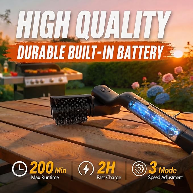 Electric Grill Brush- 24kg Max Torque BBQ Cleaner with 3-Speed Modes- 200-Min Runtime- 7-Level Adjustable Angle, Reinforced Bristles, Safe for Porcelain, Cast Iron, Stainless Steel & Outdoor Grills