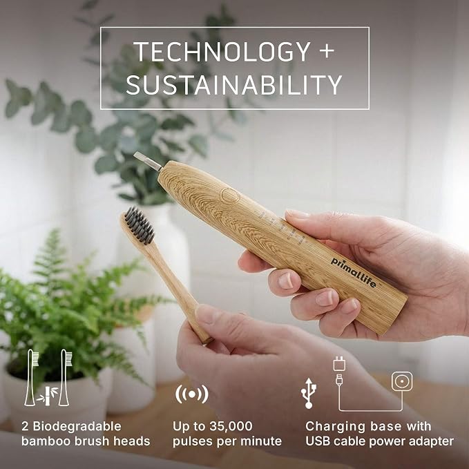 Primal Life Organics - New Real White Sonic Vibration Toothbrush, Bamboo Charcoal Infused Brush, eco-Friendly, Non-GMO