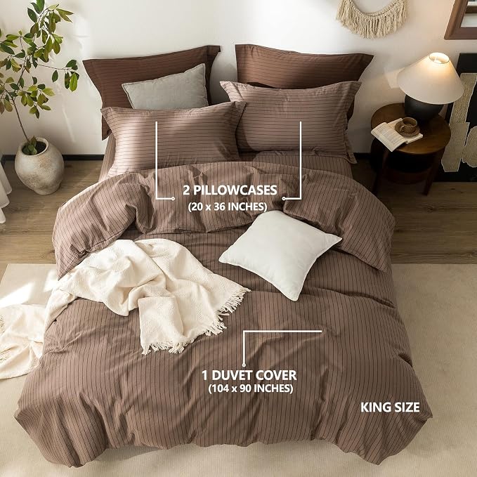 Stripe Duvet Cover King Size 104inch x 90inch,100% Washed Cotton Pinstripe Duvet Cover with Zipper Closure and 2 Pillowcases, Color of Light Brown-Black Stripe