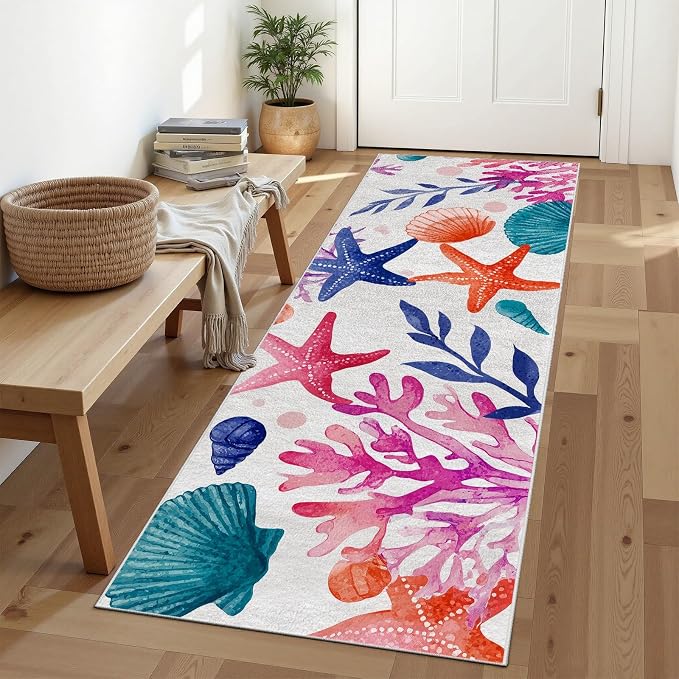 Coastal Seaside Washable Runner Rug 2.6x7 - Watercolor Ocean Entryway Rug, Ultra-Thin Kitchen Rugs, Starfish Scallop Coral Anti Slip Runner Rugs for Entrance Laundry Room Corridor Bedroom