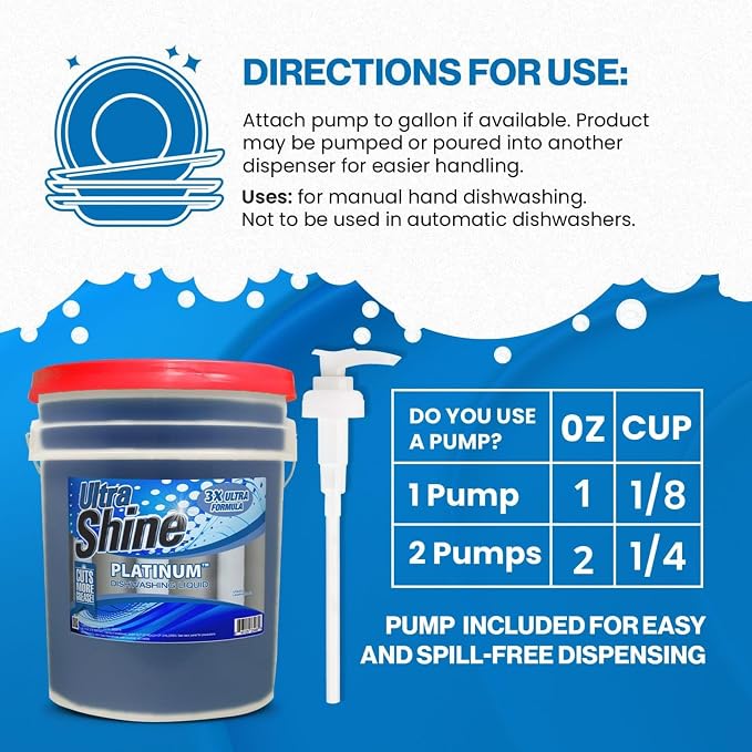 Ultra Shine 3X Platinum Concentrated Dishwashing Liquid Dish Soap, 5 Gallon Bucket - Bulk Refill Commercial Kitchen Degreaser with Grease Cleaning Power, Gentle on Hands and Skin