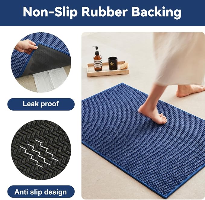 Triohero Bathroom Rugs Non Slip Washable, Super Absorbent Thin Bath Mat Quick Dry Low Pile Bathroom Rug, Navy Blue 24"x47"