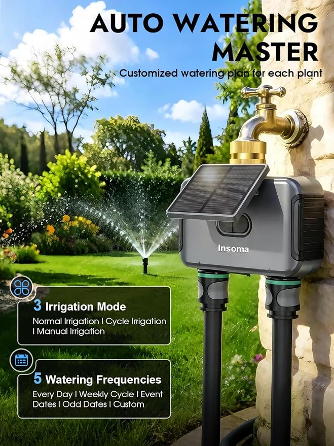 Insoma Solar WiFi Water Timer w/Adjustable 120° Solar Panel, 2-Zone Smart Sprinkler Timer Solar&Type-C Powered, APP&Voice Control Auto Irrigation for Lawn Garden, No Need Hub, Work with Alexa&Google