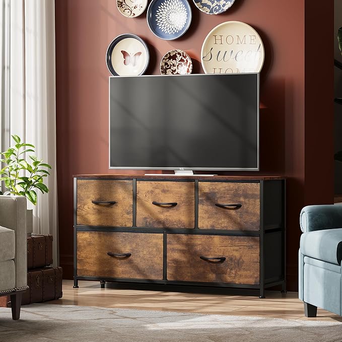 WLIVE Wide Dresser for Bedroom, 5 Drawer Chest of Drawers, Rustic Brown | 5 roomy fabric drawers, Wide storage design, Bedroom or closet use, Sturdy steel frame, Smooth wood tabletop