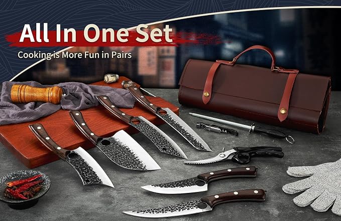 DRGSKL Serbian Chef Knife Set - 6 PCS Hand Forged Knife Set with Bag | Japanese ATS-34 Steel, Hand Forged Full Tang Knife, Ebony Handle, Anti-stick Pounding Texture, Full Accessory Kit, Ideal Gift