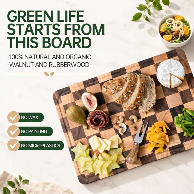 1.4" Checkered Cutting Boards for Kitchen, Thick Wood Butcher Block | Chooping Board with Juice Grooves & Handles, Serving Tray for Meat, Vegetables Fruits with Gift Box, 16" x 11"
