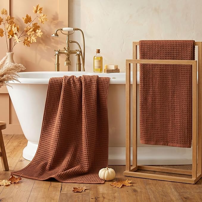 Waffle Bath Towels Set of 2 (Rust) - Fall Bathroom Decor, Large 31” x 62” | Low Lint, Lightweight & Quick Dry Cotton Towels